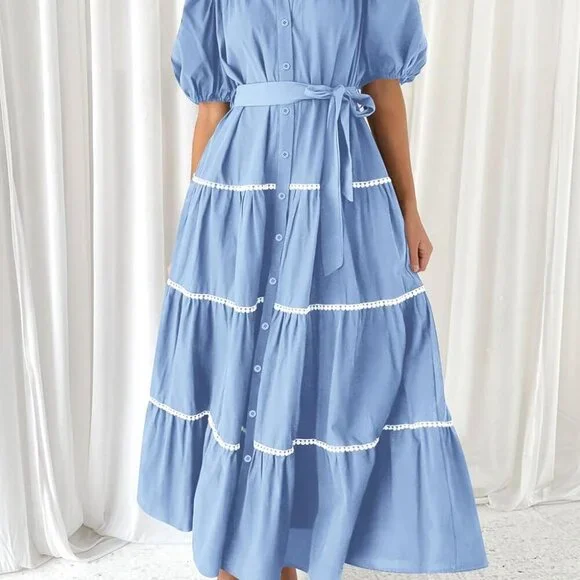 Women's Summer Button Down Maxi Dress Puff Sleeves Tiered Ruffle Flow - Picture 4 of 6